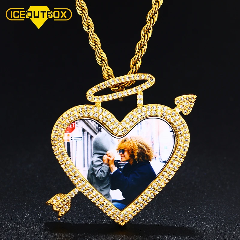 

2020 Trend Heart Arrow Memory Custom Picture Pendant Necklace Solid Back Micro Pave Charm With Angel Halo Men's Hip Hop Jewelry