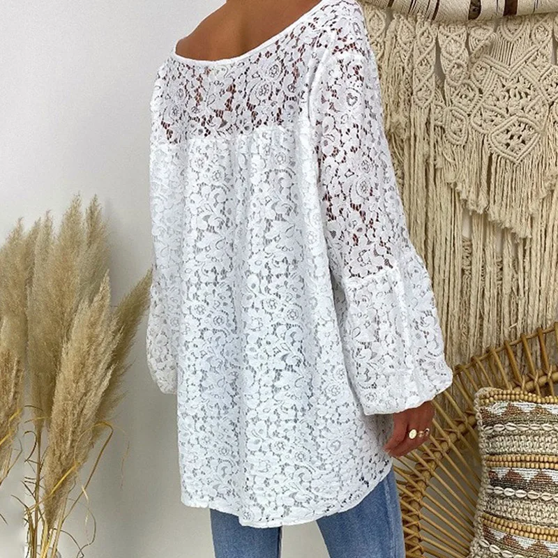 

Hollow Out Lace Crochet Long Blouse Shirts Women Elegant V Neck Tassel Autumn Pullover Fashion Long Sleeve Loose Tops Plus Size
