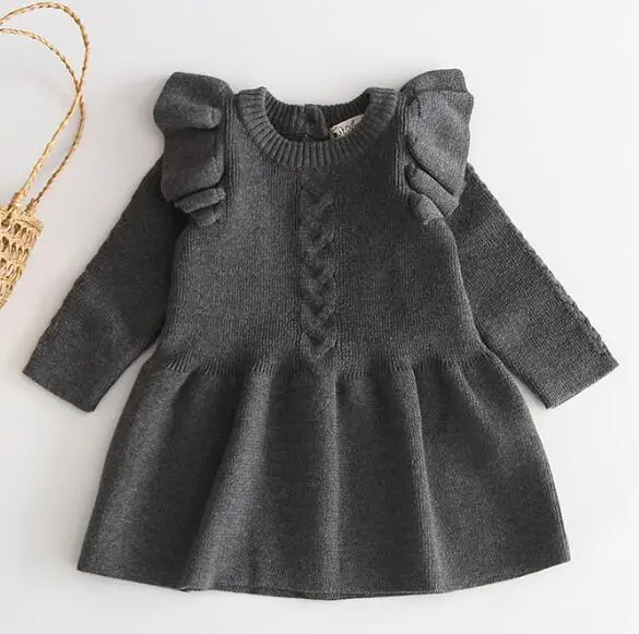 B91Q03 Dark grey Г. Платье для маленьких девочек осенне-зимний шерстяной вязаный свитер для девочек платья для новорожденных девочек вечерние платья с оборками на свадьбу, одежда для маленьких девочек - Цвет: B91Q03 Dark grey