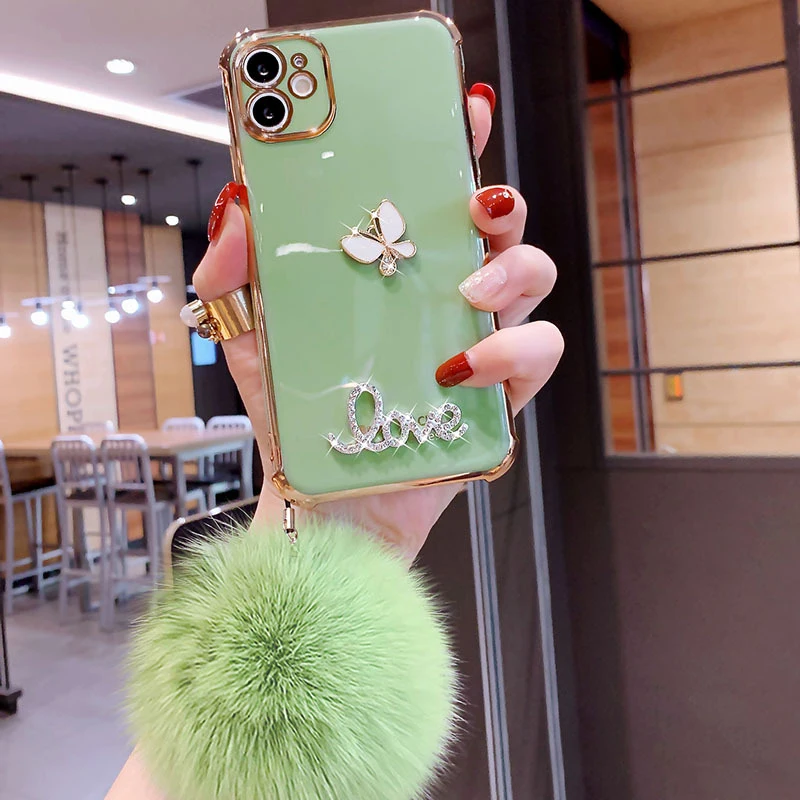 

Luxury Glitter Bling Diamond Electroplated Phone Cases Fur Ball Cover For iPhone 12 Pro 11 Promax X XR XSMAX 7 8 Plus Back Cover