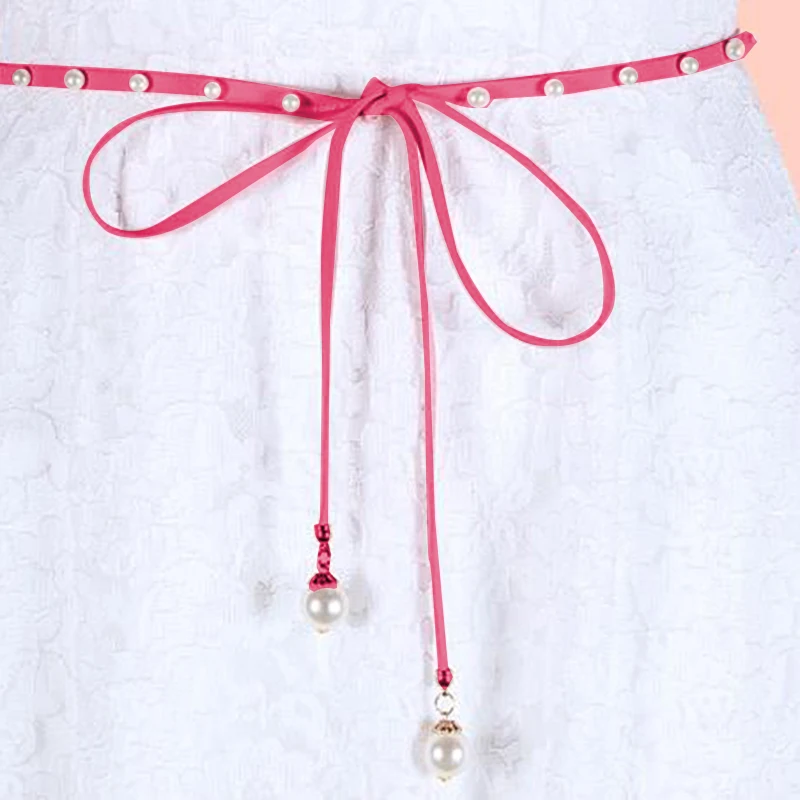 

Women's Luxury Leather Belt Style Cummerbund Candy Colors Hemp Rope Braid Female Belt For Dress Pearl Both Ends Belts For Women