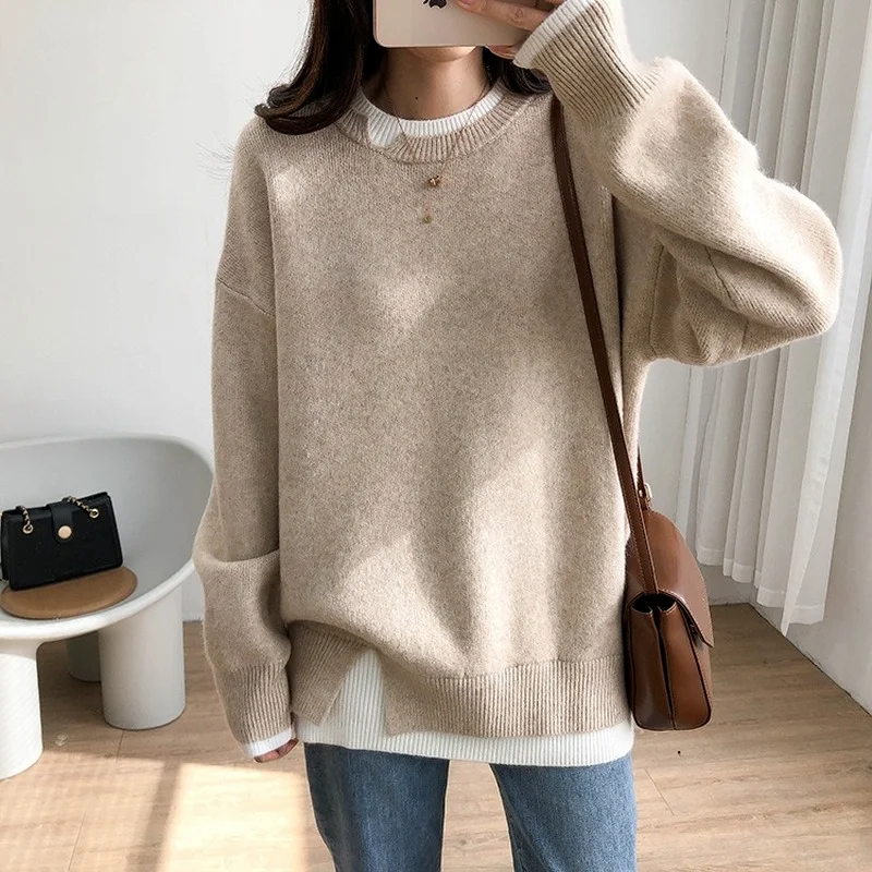 

Color Contrast Women Sweater 2022 New Cashmere Elegant Oversized Knitted Basic Pullovers ONeck Loose Soft Female Knitwear Jumper