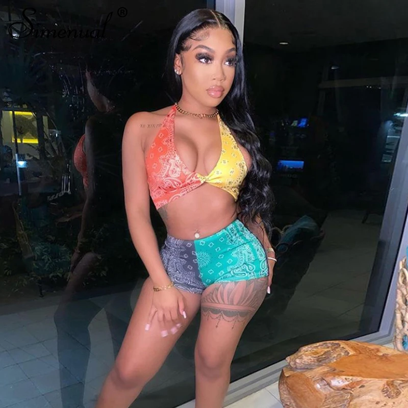 

Simenual Color Blocking Bandana Print Top And Shorts 2 Piece Sets For Women Backelss Casual Bodycon Outfits Matching Set Summer