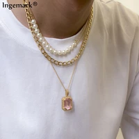 multilayer imitation pearl chain necklace colar bijoux femme geometric crystal pendant necklace collier grunge jewelry for women