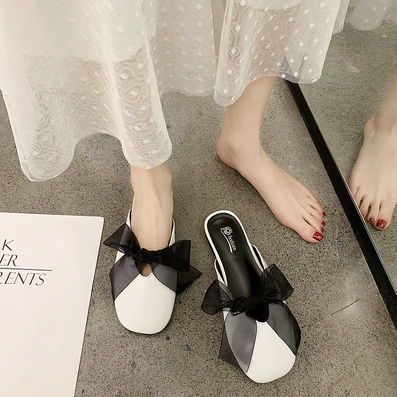 Мюли женские с квадратным носком шлепанцы на плоской подошве бант лента мягкая