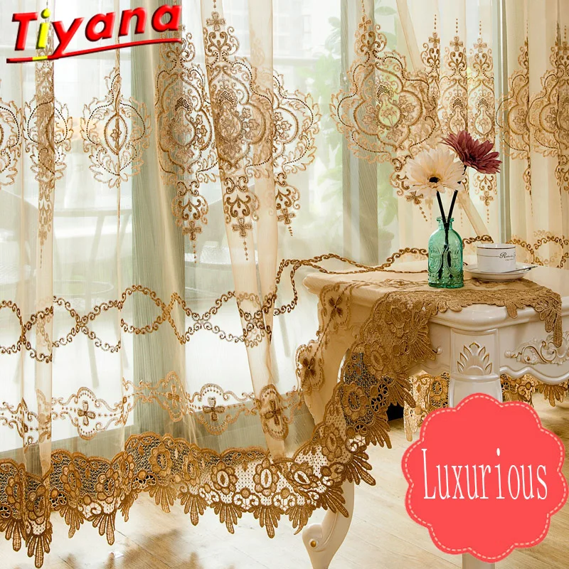 

Nordic Luxury Embroidery Tulle Curtains for Living Room Coffee / Brown High Qualit Geometric Embroidery Window Drapes X-HM165#30
