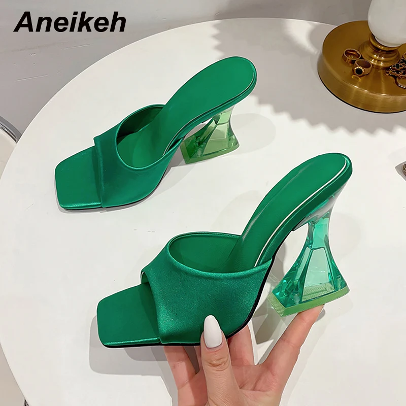 

Aneikeh Fashion Green Women's Shoes Slippers Square Open Toe Slip-On Summer Slippers Transparent Strange Outdoor Sandals Mules