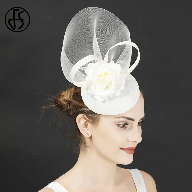 Женская шляпка с цветком FS белая заколкой для волос Коктейльная чайная вечерняя
