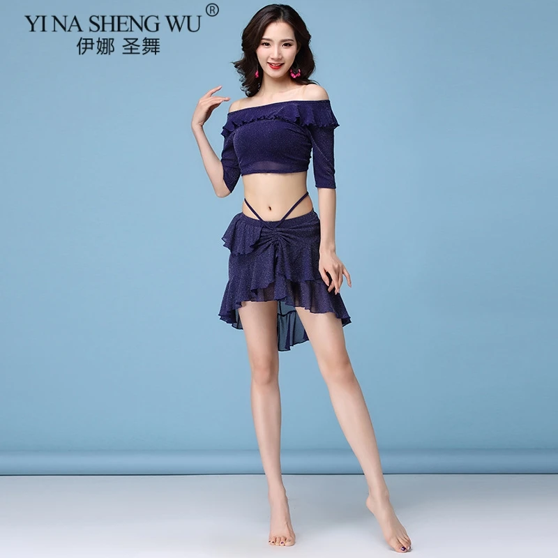 1175 Blue Set Танцевальный Костюм r, Женская Блестящая одежда для танца живота, летний сексуальный топ с коротким рукавом, юбка для восточных танцев, одежда для танца живота, новая одежда - Цвет: 1175 Blue Set