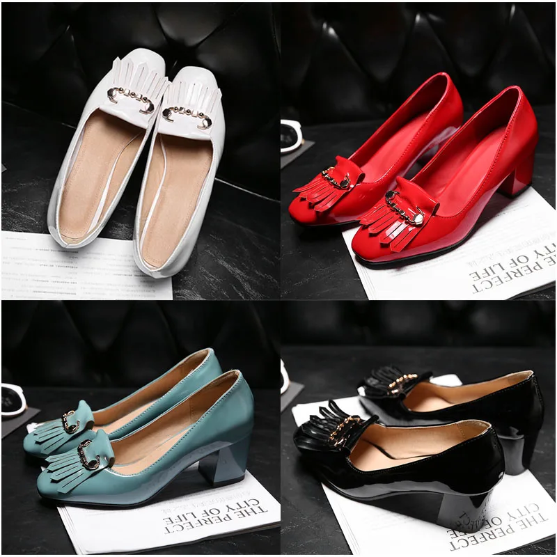 Милые весенние женские туфли-лодочки с квадратным носком на высоком блочном