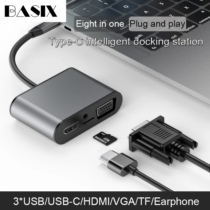 Адаптер Basix USB C Hub к HDMI VGA Thunderbolt 3 док станция с Type PD TF 5 мм Слот для чтения MacBookPro Huawei