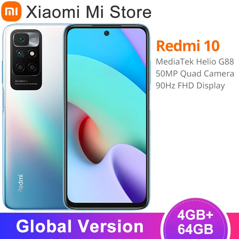  Смартфон Xiaomi Redmi 10, 4 Гб ОЗУ, 64 Гб ПЗУ, Восьмиядерный процессор MediaTek Helio G88, ии 4 камеры 50 МП, FHD дисплей 90 Гц, глобальная версия 