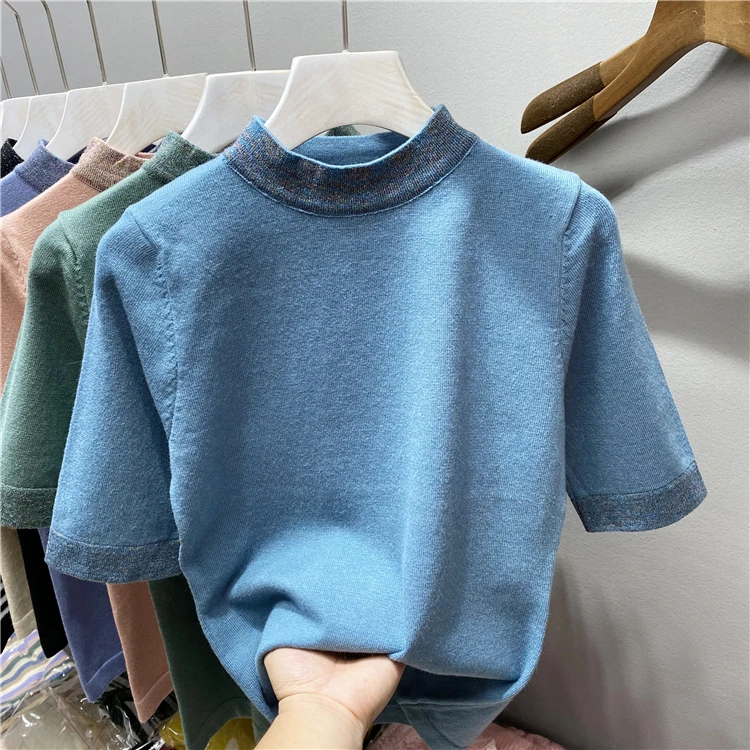 Fashion loose half sleeve knitted sweater women turtleneck patchwork Pullovers 2022 spring autumn tops | Женская одежда
