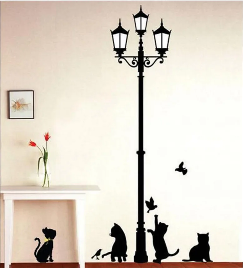 Black Cat Bird Street Lamp Streetlight Wall Stickers DIY Removable Home Decoration For Kids Room Nursery Bedroom Bathroom Mural | Дом и сад