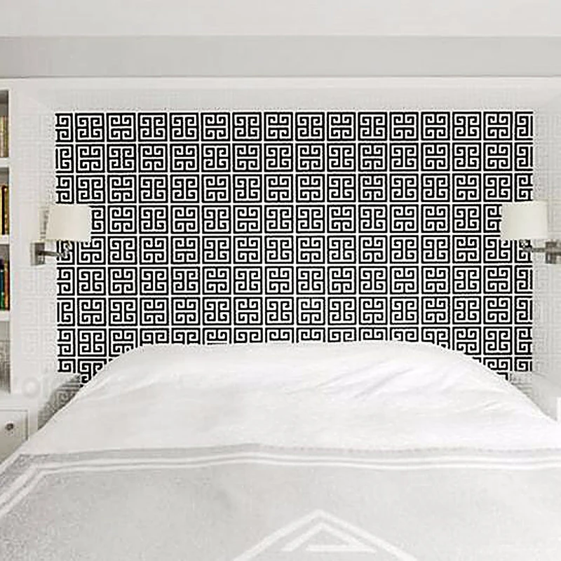 

Black and White Greek Key Modern Classic Geometric Trellis Wallpaper Metallic Textured Vinyl pvc Wall Paper Roll Washable