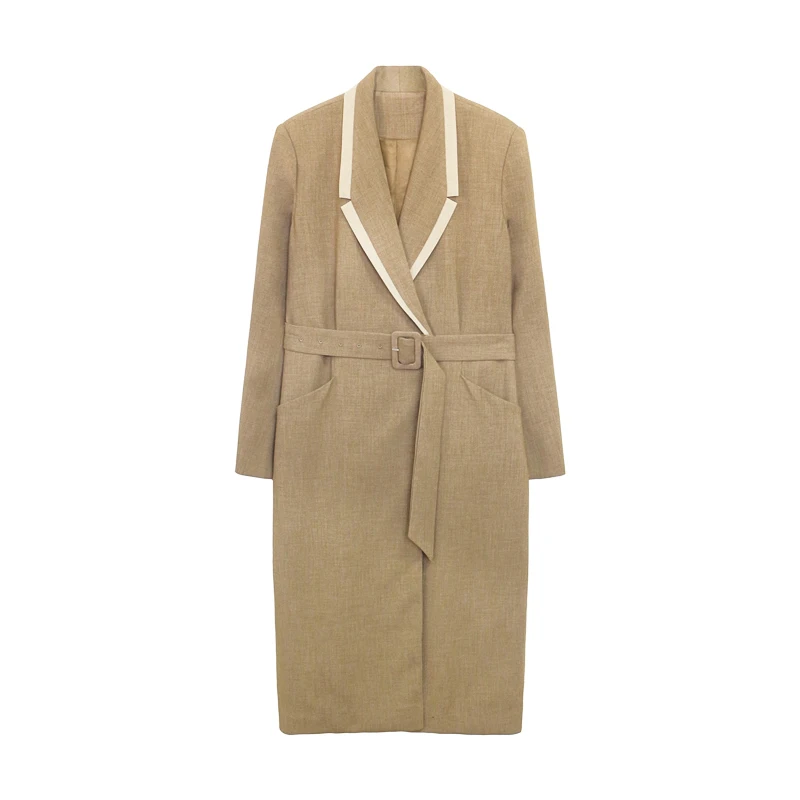 

[EAM] Women Camel Bandage Elegant Trench New Lapel Long Sleeve Loose Fit Windbreaker Fashion Tide Spring Autumn 2021 1X578