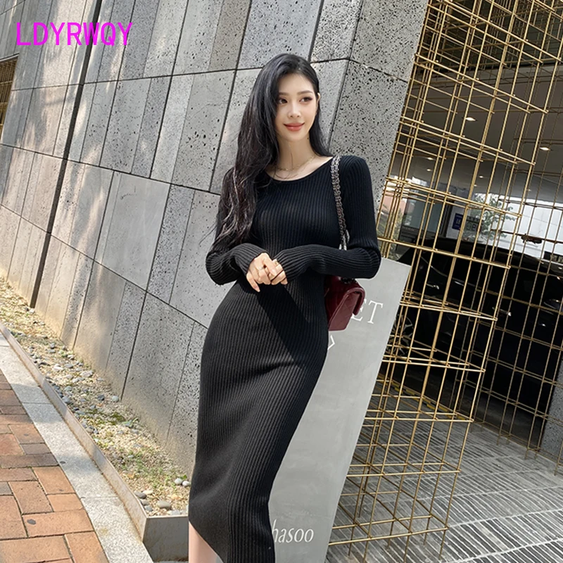 

LDYRWQY 2021 autumn and winter new Korean version of thickened women's slim round neck knitted dress