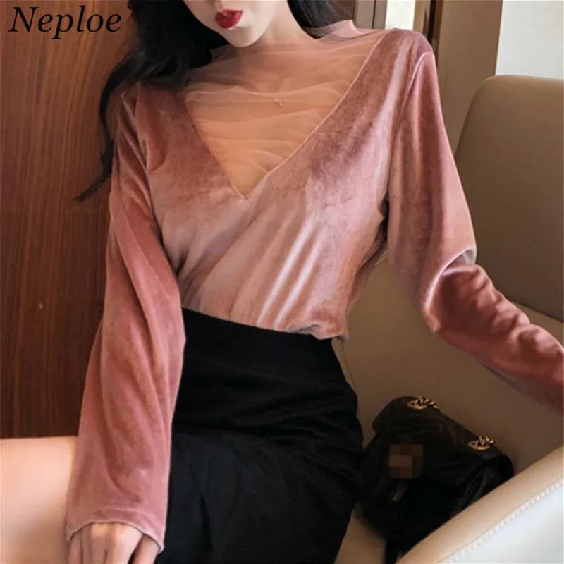 Женская бархатная футболка с v-образным вырезом Neploe эластичный пуловер длинными