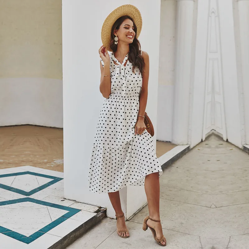 

Spring Summer Women's Elegant Polka Dot Dress Sleeveless Temperament Lace Up Ladies A Line Long Dress 2021 New