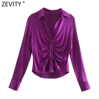 zevity 2022 women fashion pleats design purple satin smock blouse lady casual slim buttons kimono shirts chic blusas tops ls9807