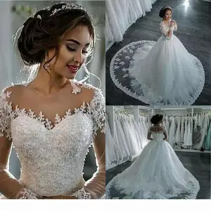 Dubai Elegant Long Sleeves A-line Wedding Dresses Sheer Crew Neck Lace Appliques Cheap Vestios De Novia Bridal Gowns