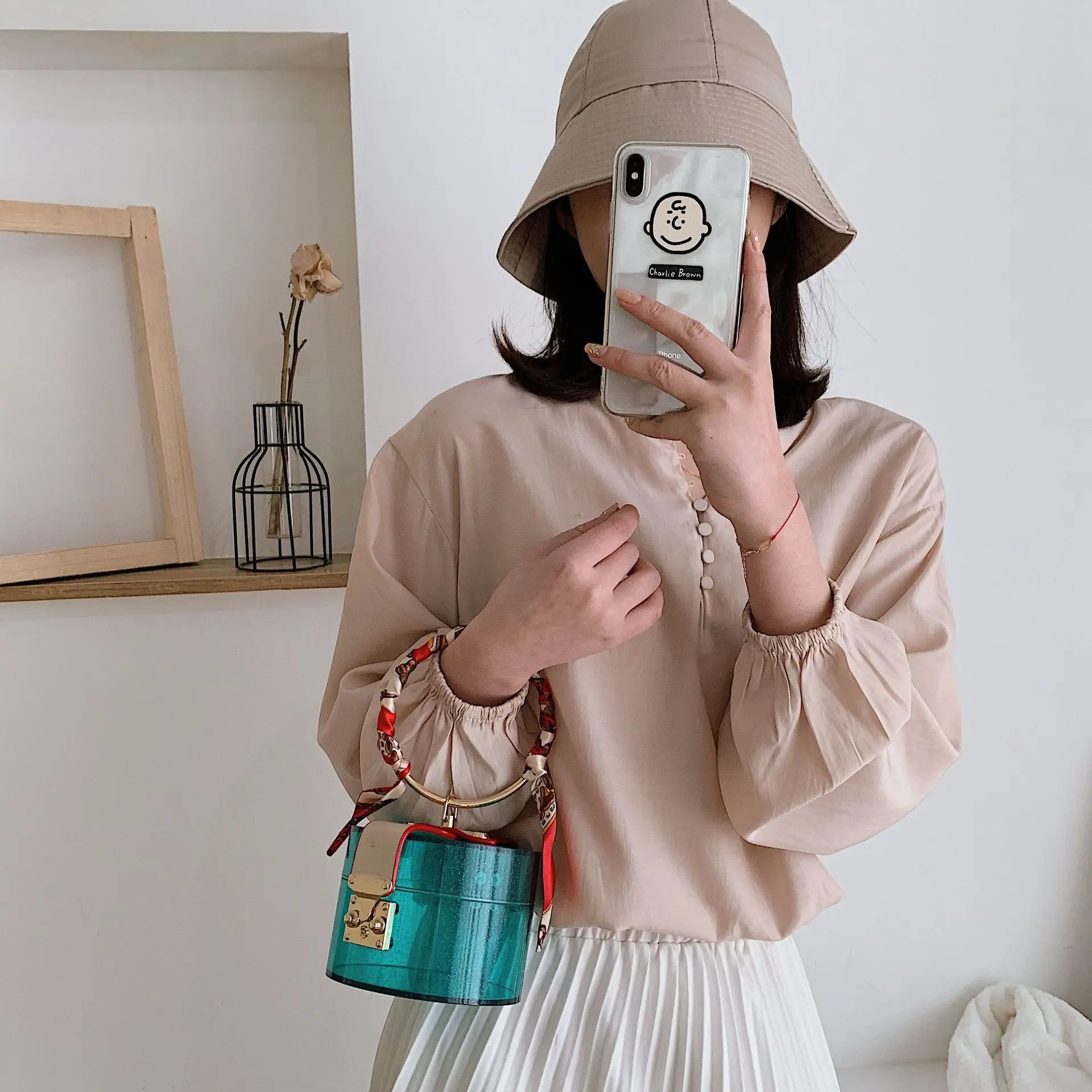 PVC Jelly Clear Top-Handle Bags for Women 2021 New Versatile Female Bucket Handbag with Sweet Scarves Spring Summer Ladies Bag