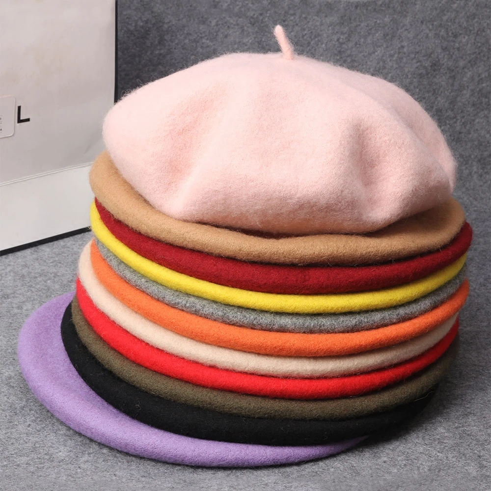 Женский берет GOUTER теплая шерстяная Зимняя Шапка бини винтажный простой