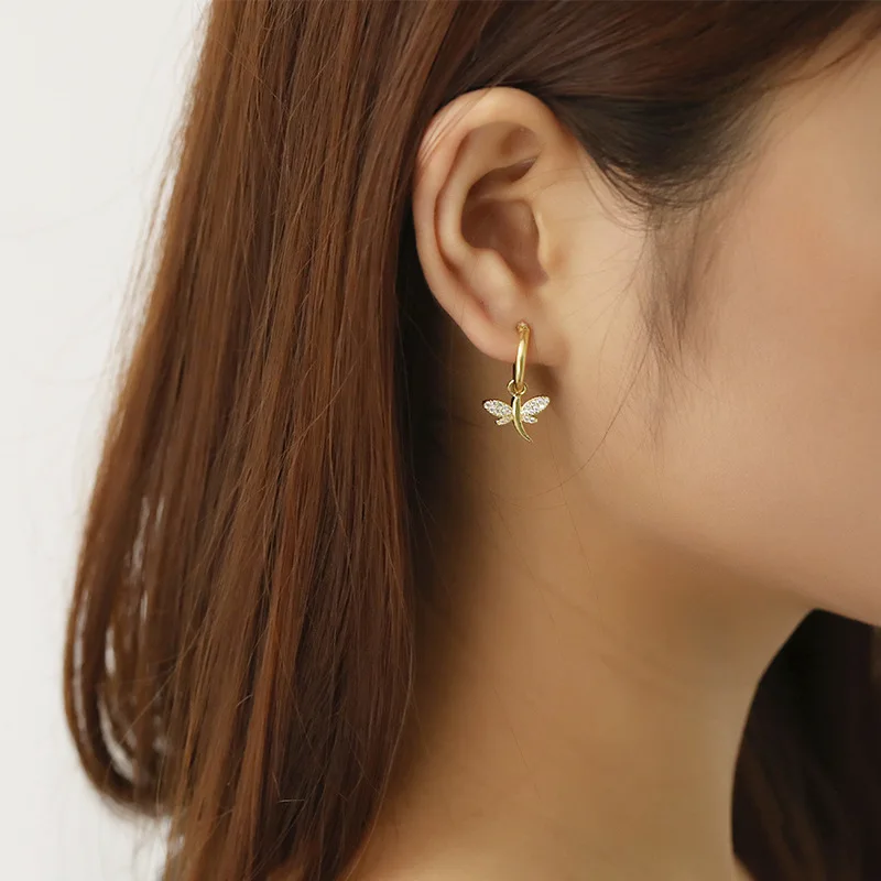 Серьги из стерлингового серебра 925 пробы с цирконием милые животные стрекоза