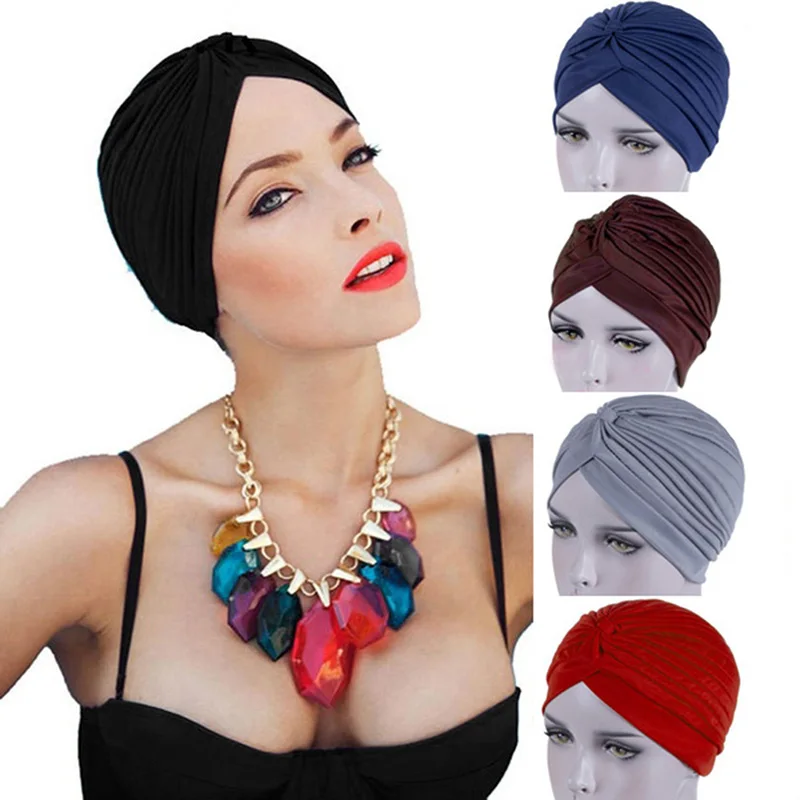 

2021 Bandanas Women Stretchy Turban Muslim Hat Headband Warp Female Chemo Hijab Knotted Indian Cap Adult Head Wrap for Women