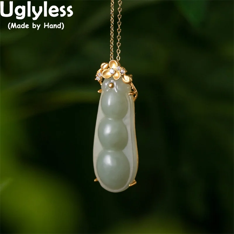 

Uglyless Natural Jadeite Pea Pendants for Women Gemstones Beans Necklaces NO Chain Gold 925 Silver Creative Plants Jewelry Gems