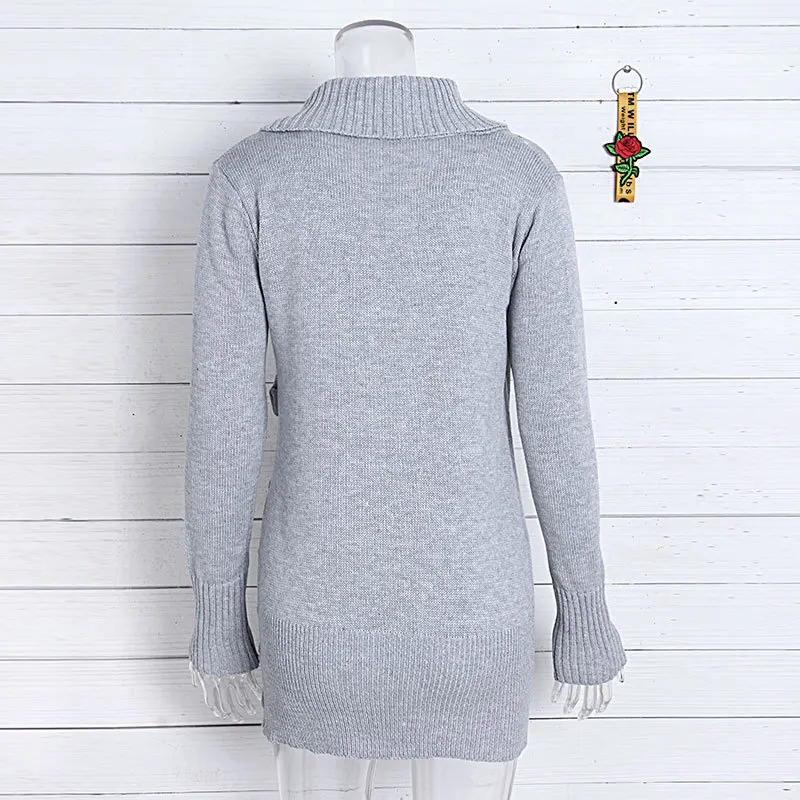 

Autumn winter knitted wrap sweater jersey invierno mujeres long sleeve v neck slim women pollover Solid gray black khaki sweater
