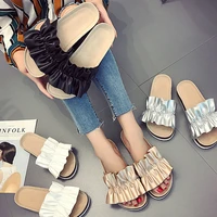 summer fashion pleated design women slippers fashion solid color ladies flat sandals high quality pu leather ladies beach slides