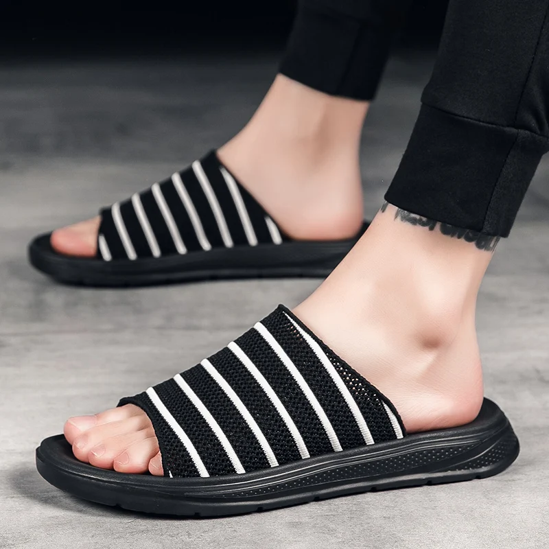 

Men's High Quality Summer Slippers Breathable Woven Mesh Slippers Lightweight Fish Mouth Beach Slippers Outdoor Platform Sandals