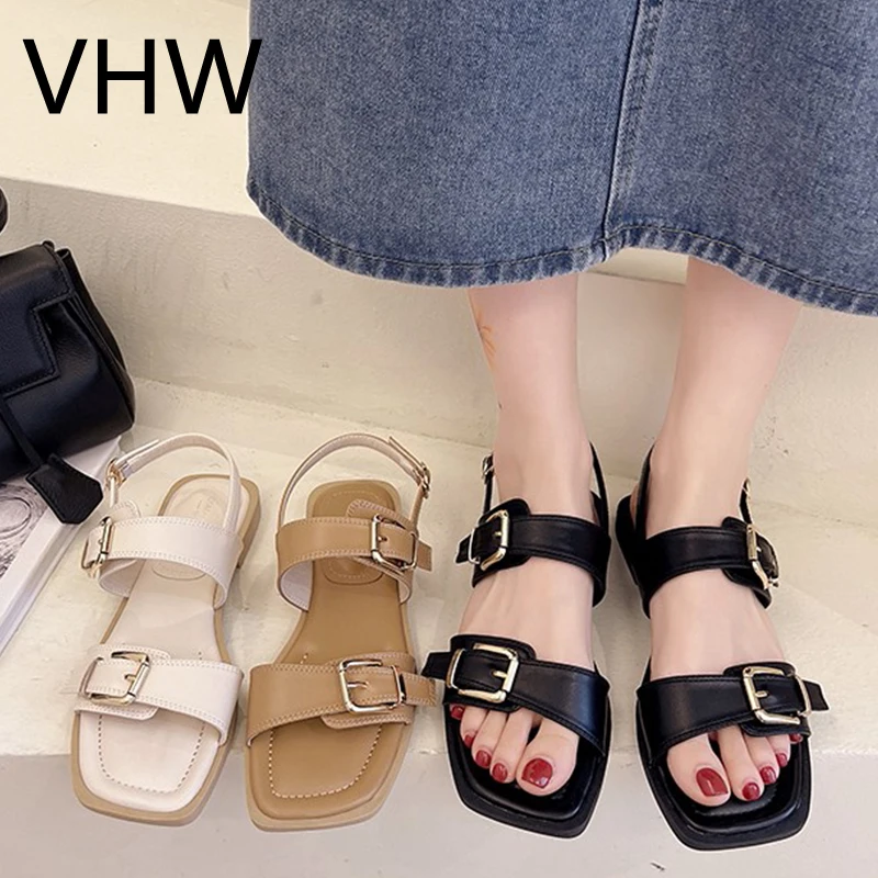 

Women Sandals 2021 Summer New Casual OpenToe Flats Shoes Beige Narrow Band Sandals Fashion Black Leather Buckle Strap Shoes