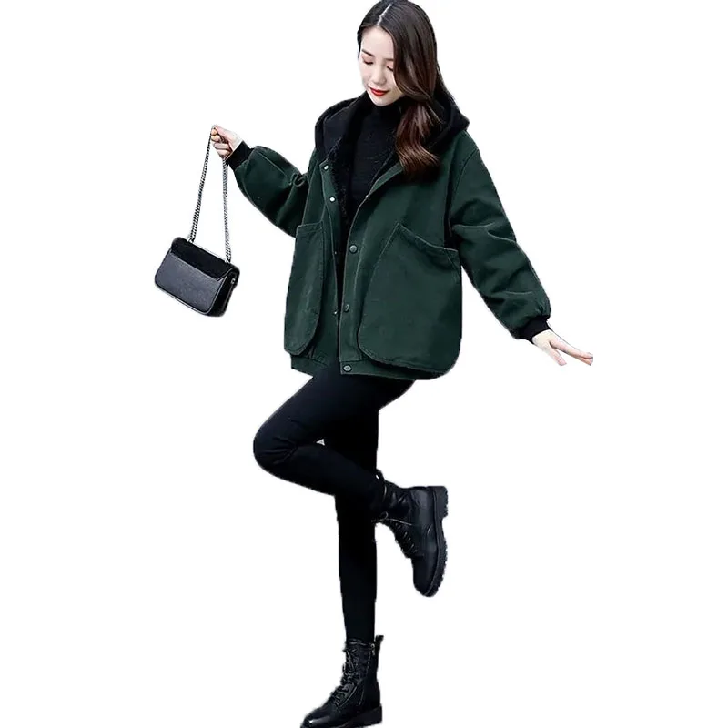 

Lining Women's Coat 2021 Autumn Winter Single-Breasted Hooded Female Jacket Loose All-Match Jacket Baseball Uniform Outerwear