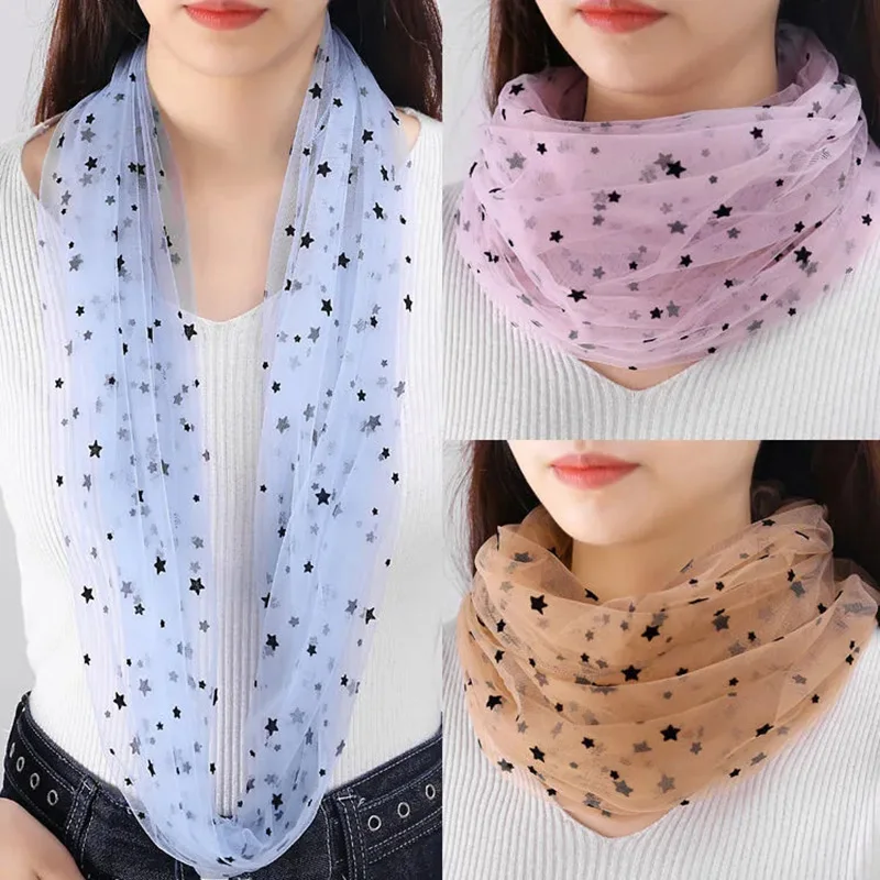 

Women's Mesh Lace Star Flocking Neck Guard False Collar Hedging Silk Scarf Summer Solid Color Long Beach Sunscreen Scarve T60