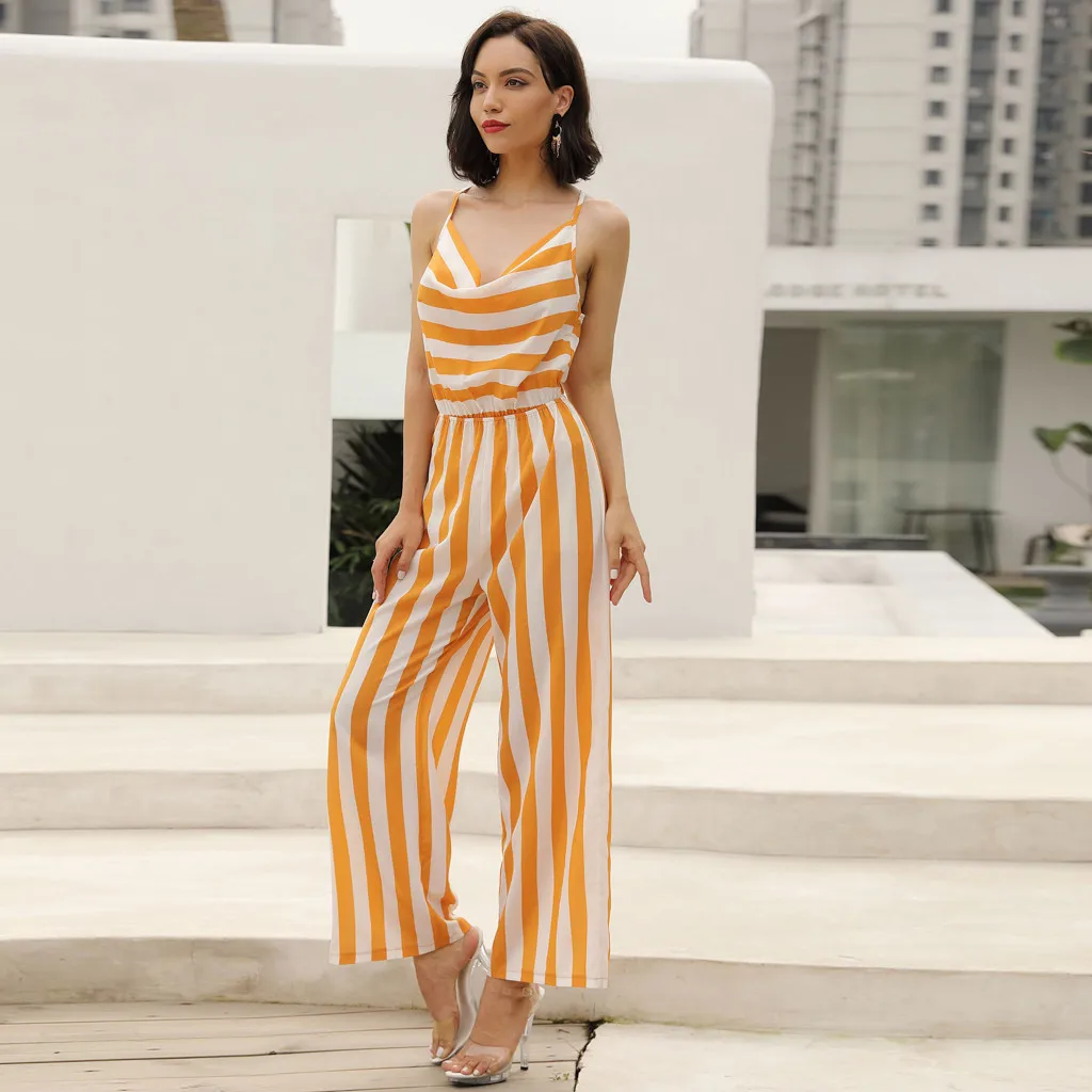 Женский комбинезон модный желтый в полоску с принтом темпераментный открытыми