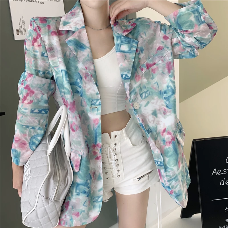 

Korean Version Of Office Lady Fashion Vintage Plus Size Loose Casual Print Turn-Down Collar Single Breasted Thin Blazer Jacket