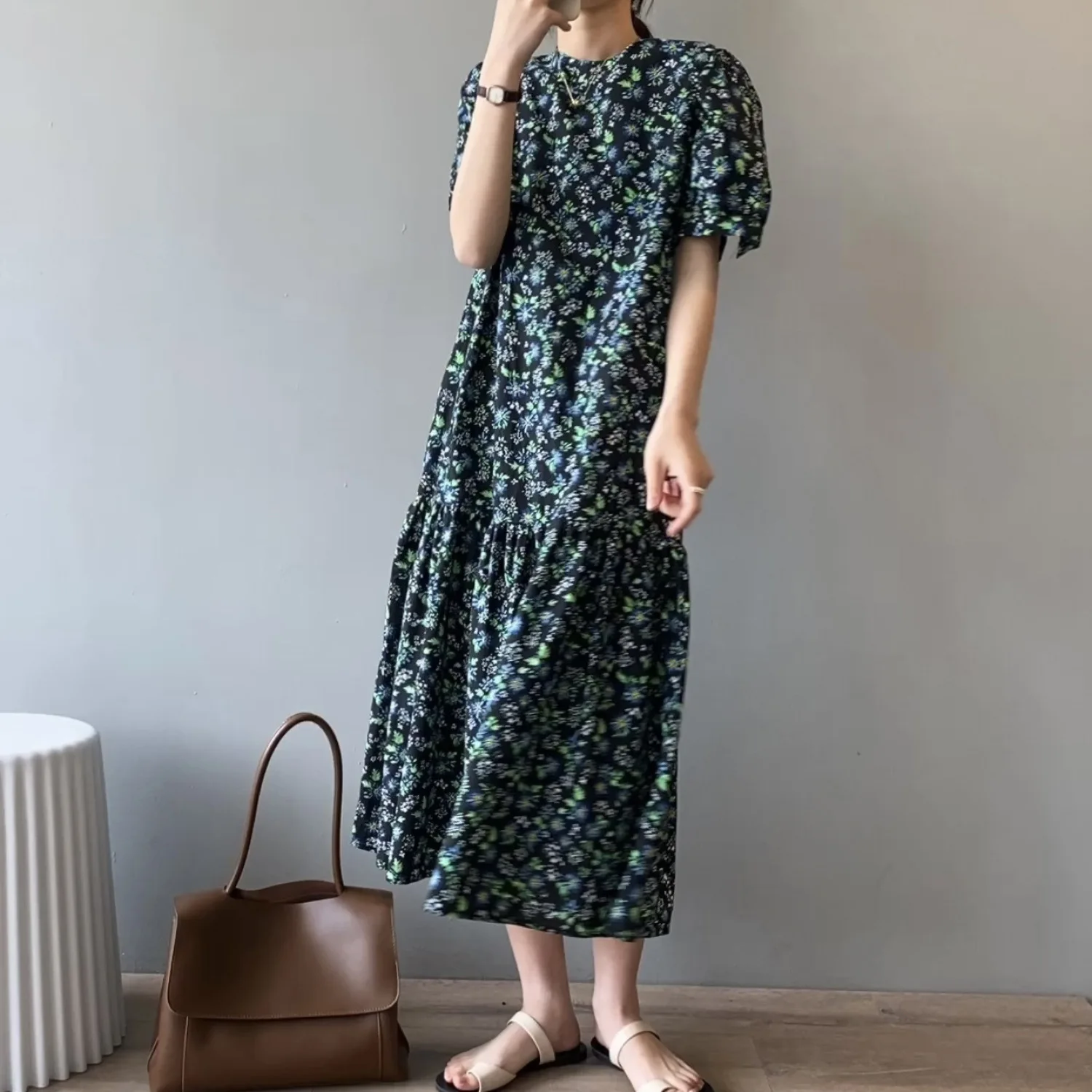 

O Neck Loose Boho Style Floral Print Pleated Dress short Sleeve Women long Dress Ladies Dresses Beach Sundress Vestido