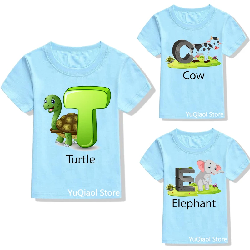 Ropa de alta calidad para beb&eacute;s y ni&ntilde;os, camisetas de verano con estampado de dibujos animados de animales, letras del alfabeto, divertidas, Top-0