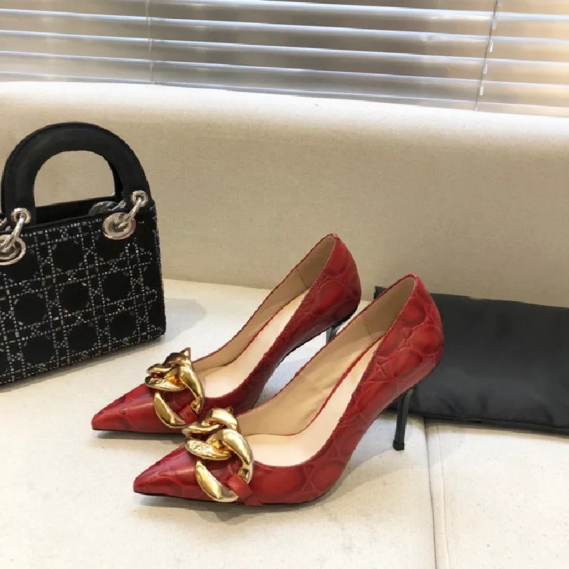 

Весенние женские туфли-лодочки с цепочкой, на тонком каблуке, женские синие туфли с острым носком, модные однотонные женские туфли на высоко...