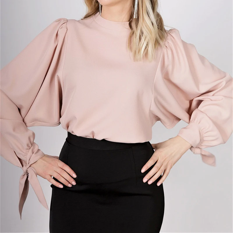 

Fashion Women Batwing Sleeve Stand Collar Bow Cuff Tops And Blouse Office Lady Elegant 2021 New Plus Size