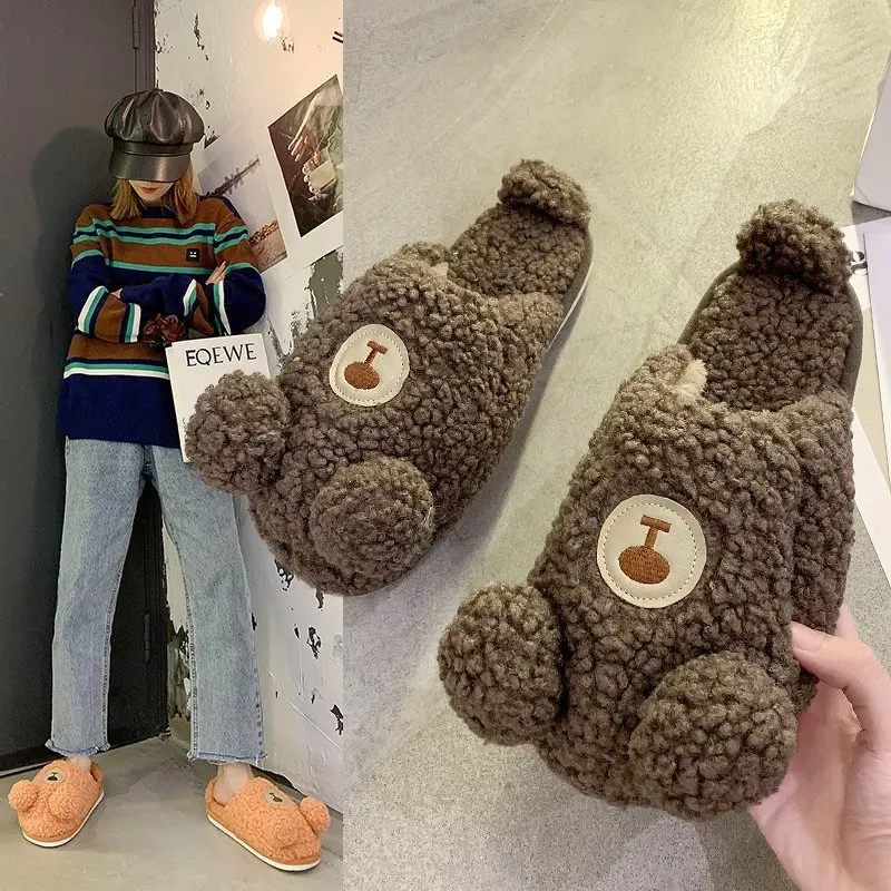 Корейский стиль Сезон весна Домашняя обувь с милым плюшевым мишкой Женская на