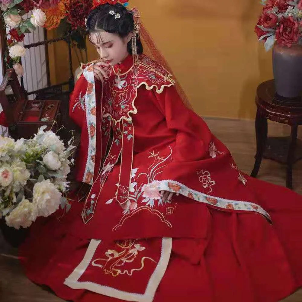 

Традиционное китайское платье, высококачественное длинное платье-Ципао с вышивкой, Стильное элегантное винтажное свадебное платье мин ханьфу для невесты для женщин