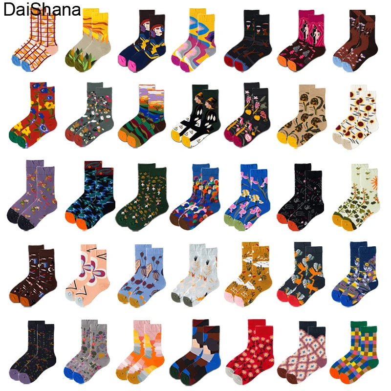 Novelty Happy Funny Women Graphic Socks Combed Cotton Art Abstract Oil Painting Socks French Style Crew Sokken Christmas Gift
