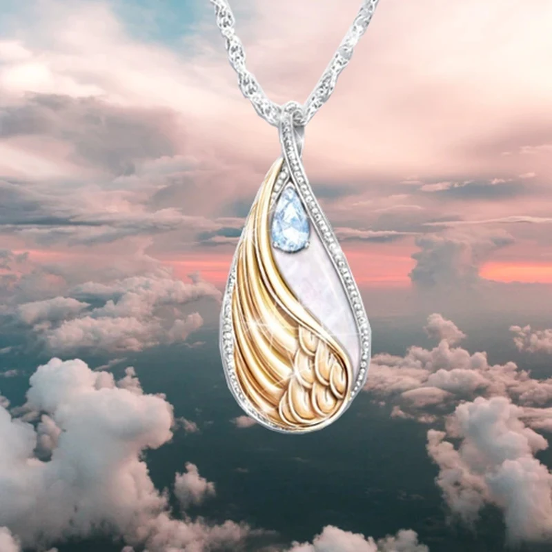 

New Fashion personality creative water drop shape wings sapphire women's pendant necklace elegant trend charm jewelry wholesale