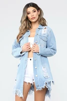 woman ripped denim coat casual long denim jacket trendy tassel jeans windbreaker spring summer clothing s 3xl