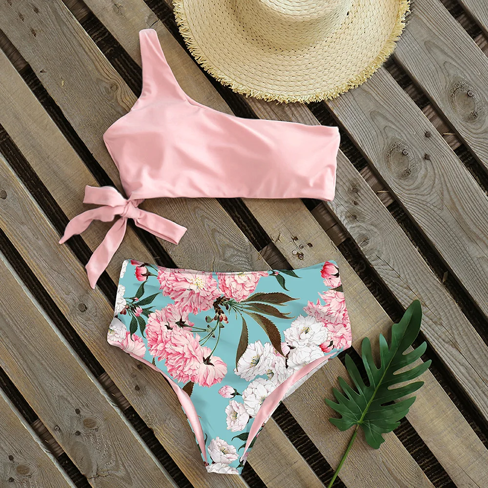 

Sexy Bikinis Women 2021 New One Shoulder Swimwear High Waist Swimsuit Bandage Bathing Suits Beach Wear Biquini Female