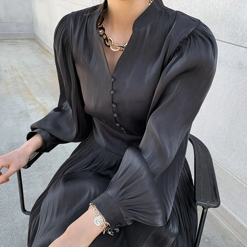 

Spring And Summer Elegant Solid Color Women's Satin Dress 2021 Korean Clothing Folds Fashion Long Sleeve Midi Dress Femme Robe