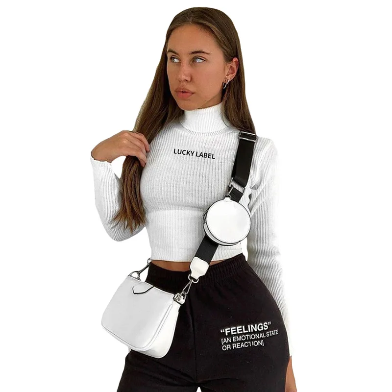 

Autumn Casual Long-sleeved High Neck Letter Embroidered Fashion Warmth Slim T-shirt Sweater 2020 White Sexy Party Short Knit Top